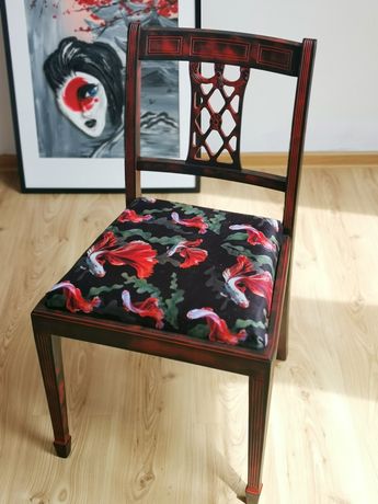 Krzesło drewniane, po renowacji, loftowe, czerwone, czarne, boho