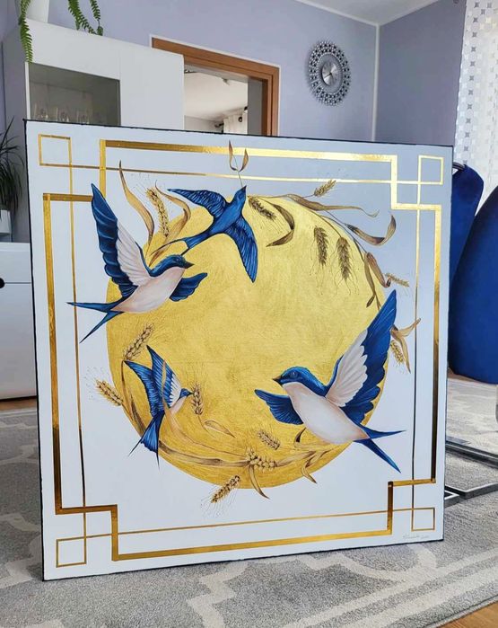 Obraz Jaskółki buszujące w zbożu 100x100 złoty niebieski