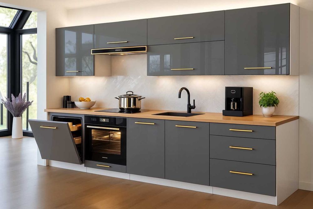 meble kuchenne 260 kuchnia kaszmir 2,6m biały szary połysk szałwia