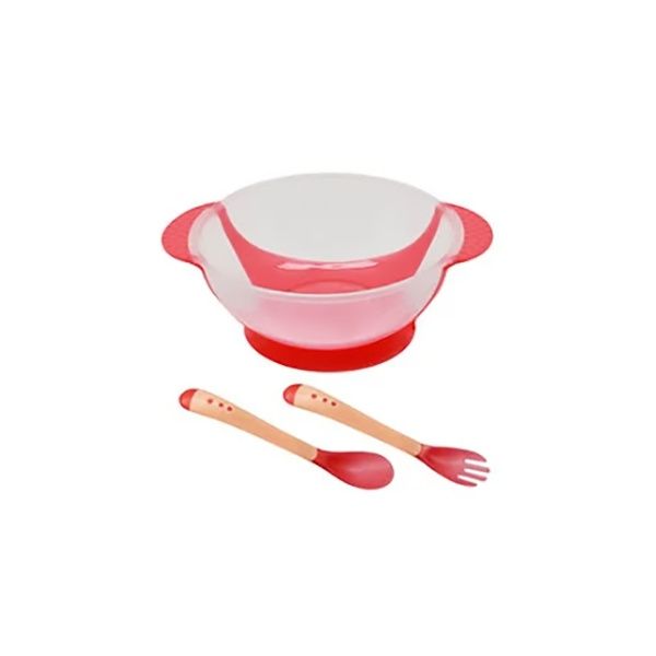 Набор детской посуды на присоске (миска 350 мл, вилка, ложка), Розовый