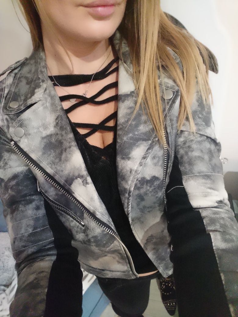 H&M Ramoneska skóra grafit marmurkowa xs 34
