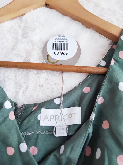 Nowa z metką rozkloszowana sukienka L z paskiem w grochy retro wesele