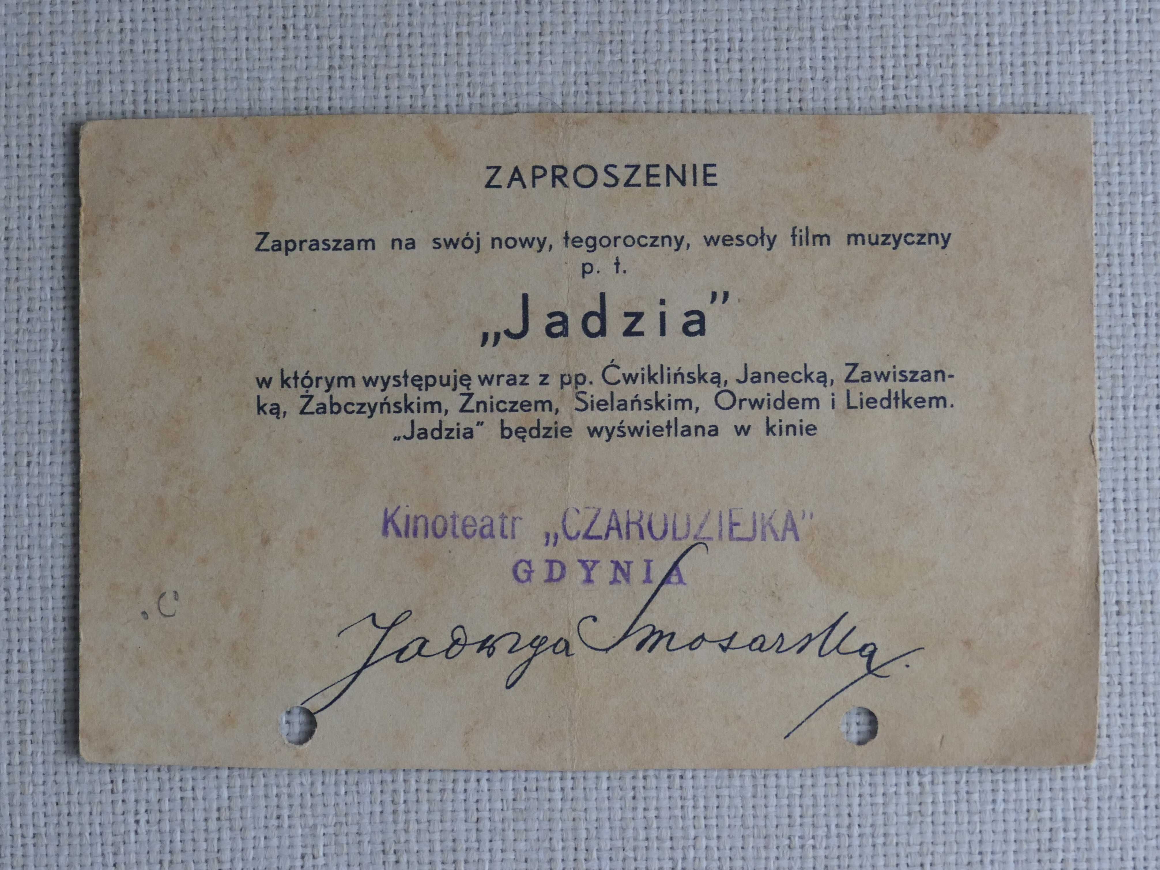 Jadwiga Smosarska - zaproszenie na projekcję; autograf (1936)