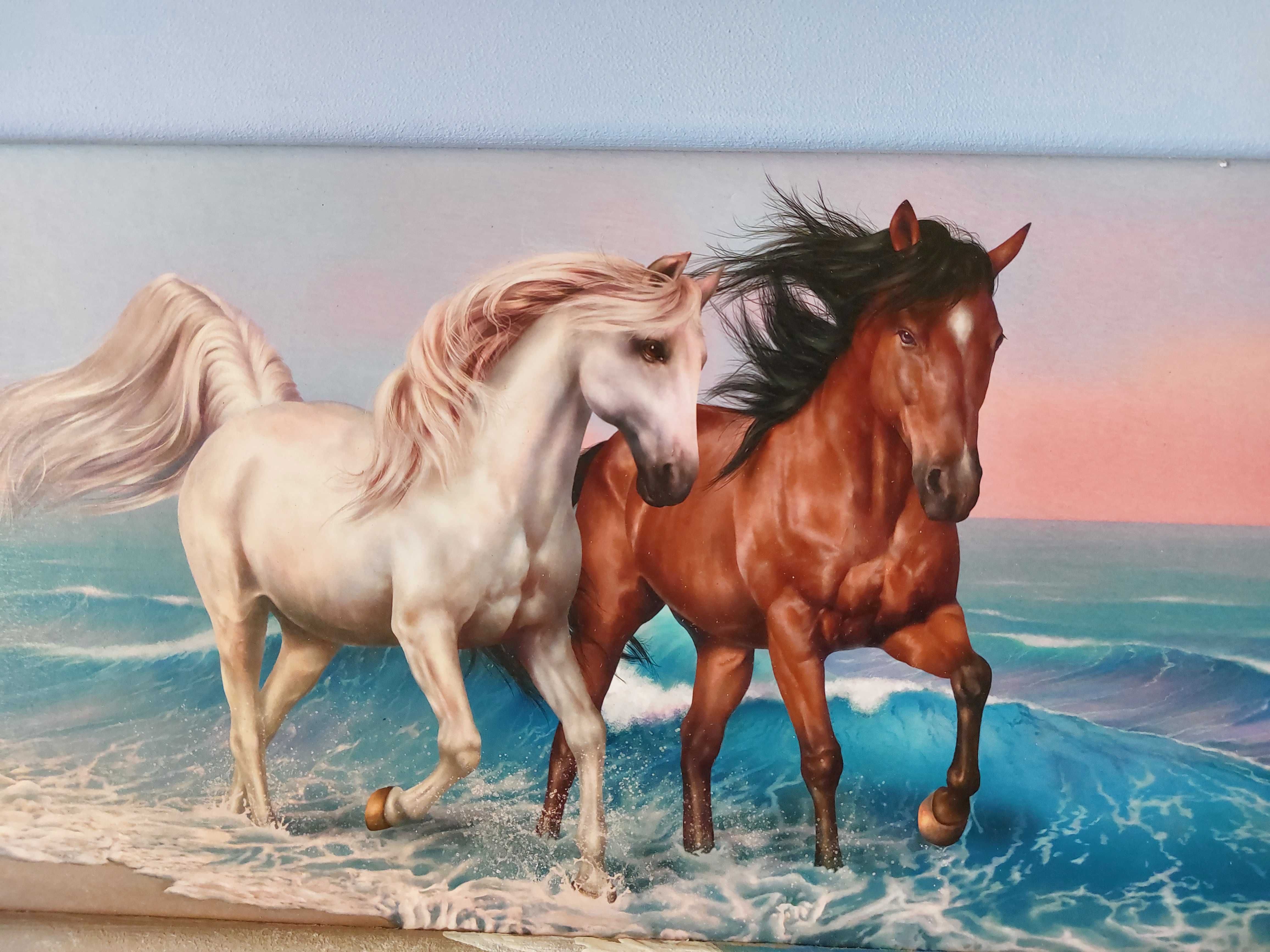 Картина интерьерная - "Любовь" - рассвет, море, лошади...