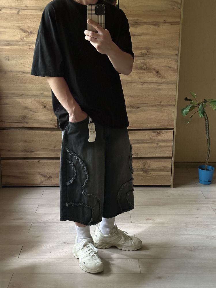 Широкі чоловічі оверсайз чорні шорти baggy washed м л хл m l xl реп