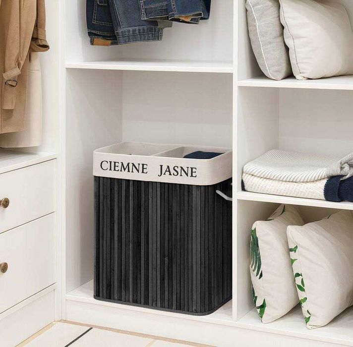 Kosz Bambusowy na pranie bieliznę Zamykany Dwukomorowy Pojemnik 100l