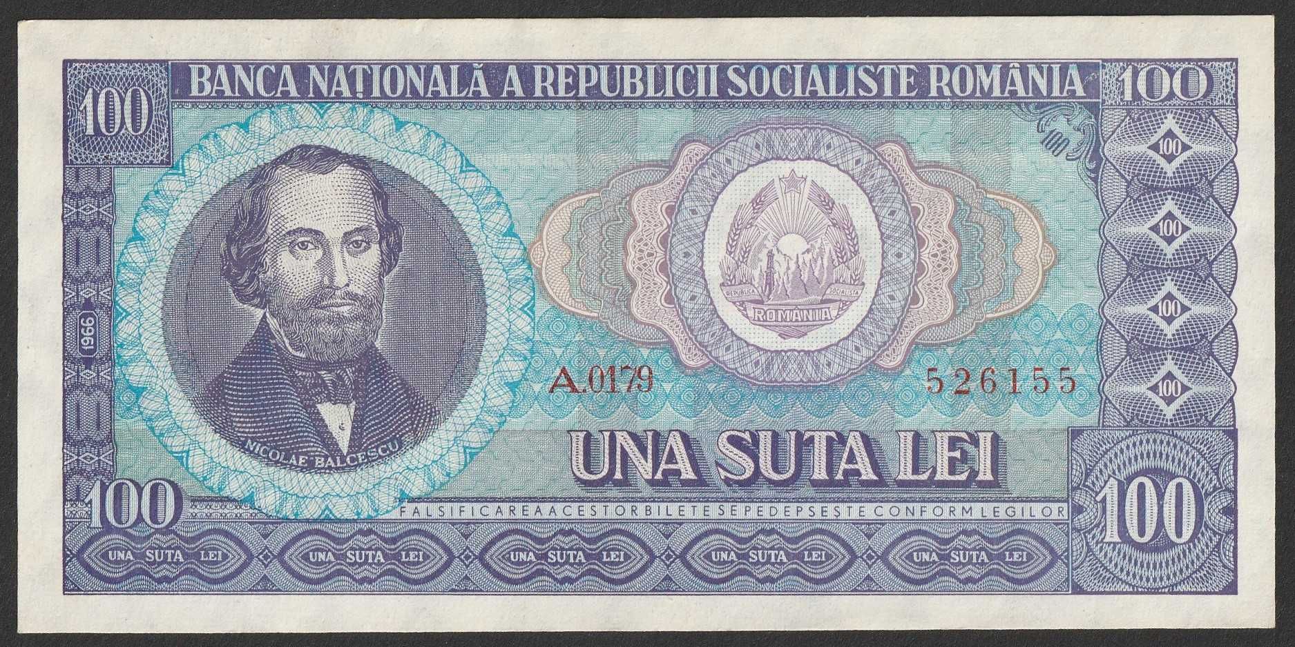 Rumunia 100 lei 1966 - Nicolae Balcescu - stan bankowy UNC