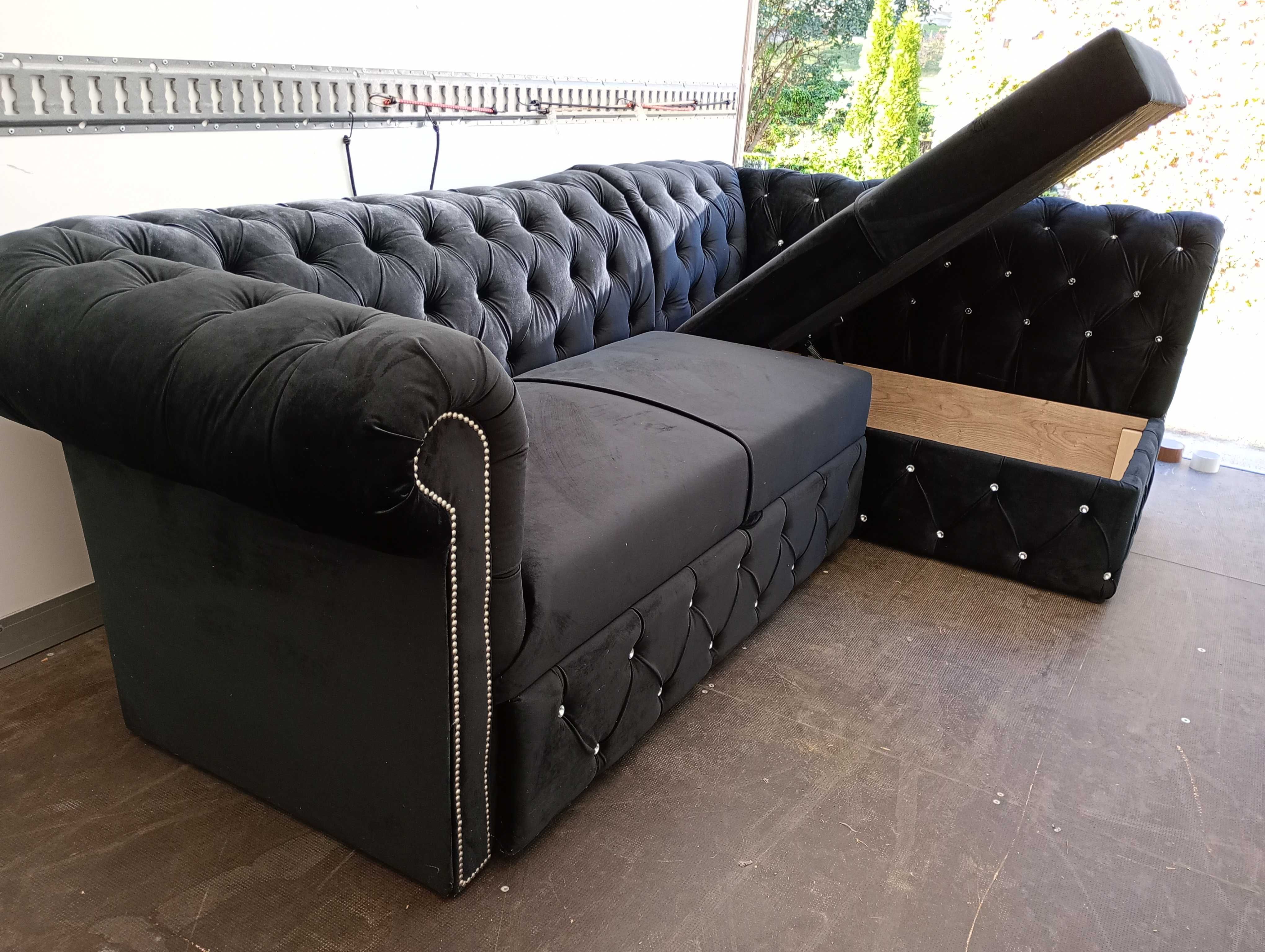 Narożnik czarny velur chesterfield 260x160 od ręki .rozkladany