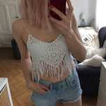 Crop top biały boho hippie szydełko frędzle letni plażowy ażur XS 34