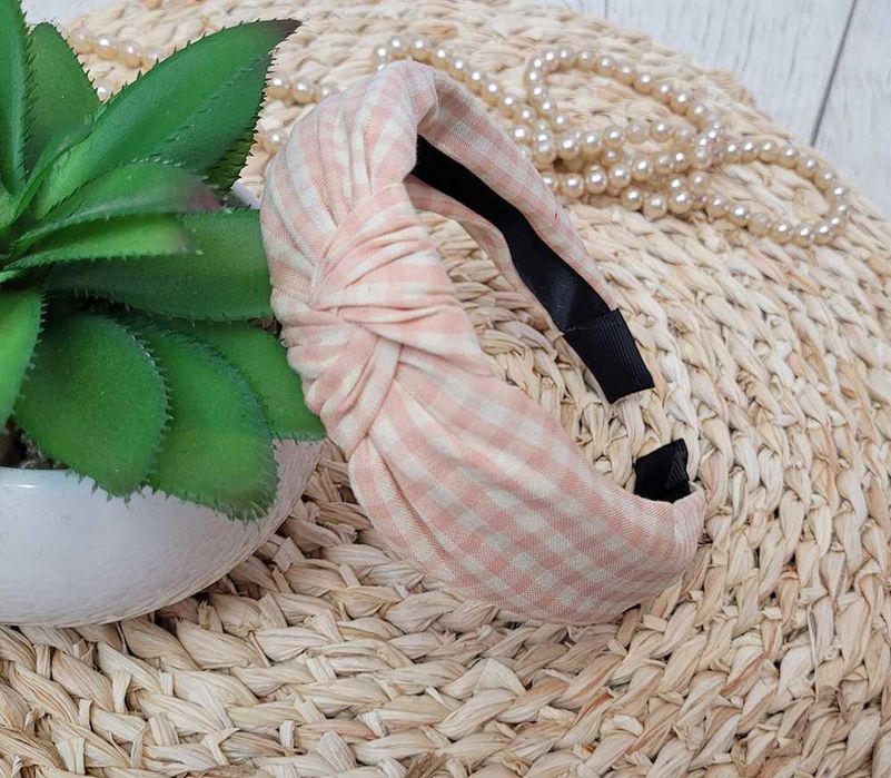 NOWA opaska damska w kratę supeł węzeł elastyczna szeroka NIEBIESKA