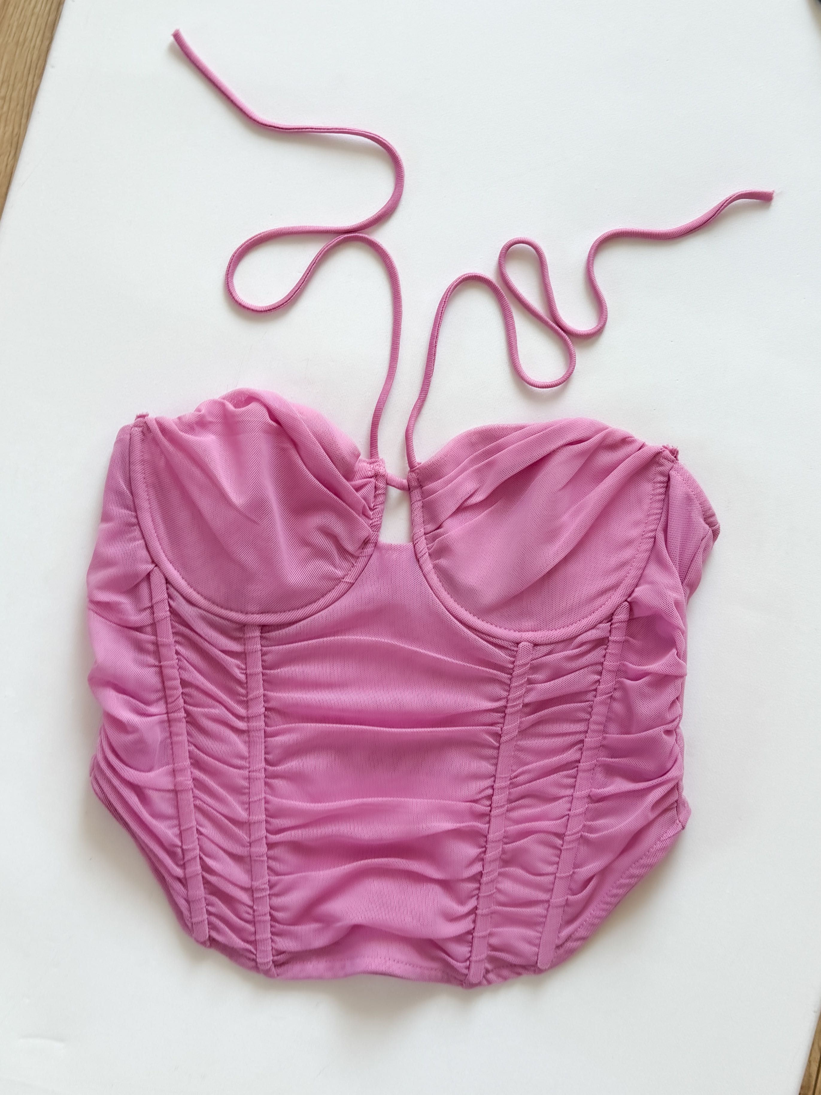 Tiulowy gorset ZARA różowy top gorsetowy coquette wiązany 36 S mesh