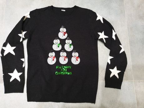 Sweter świąteczny cekiny zimowy 152 164 XS 34 błyszczący czarny