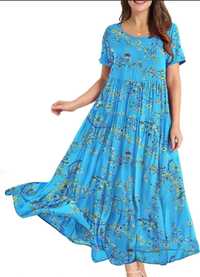 Голубое цветочное ярусное платье миди оверсайз коттон