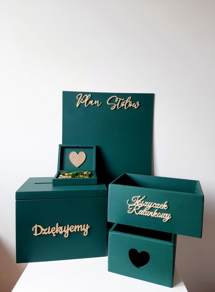 Zestaw dekoracji ślubnych butelkowa zieleń pudełko na koperty obrączki