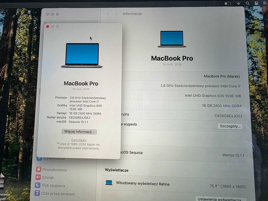 Laptop Apple MacBook Pro 15 A1990 i7 2.6 16GB 512SSD 560X