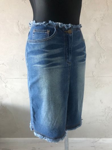 NOWA Spódnica midi jeansowa frędzle biodrówka 36 S