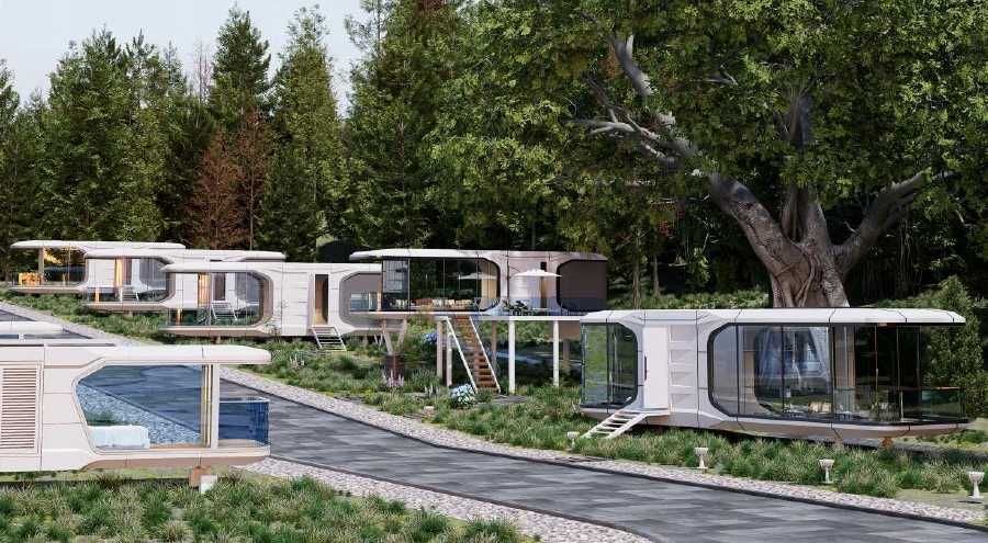 Nowoczesny domek kapsuła letniskowy całoroczny 8.5m x 3.3m