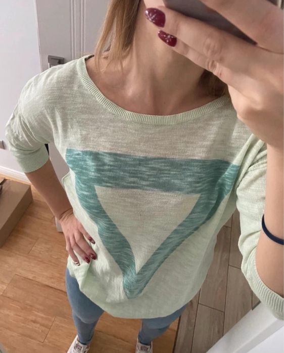 H&M sweterek cienki zielony dlugi trojkat S 3/4 rekaw