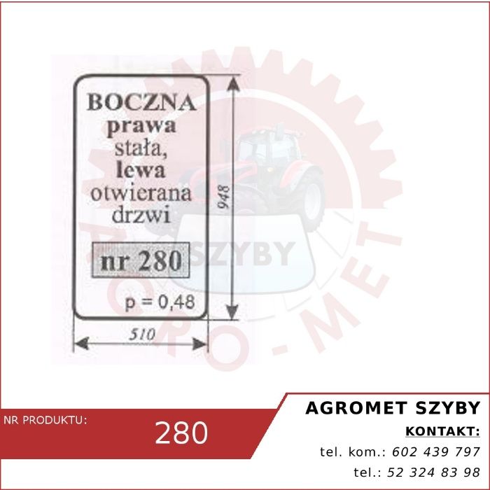 szyba boczna prawa nr 280 do kabiny kombajnu bizon ACX374