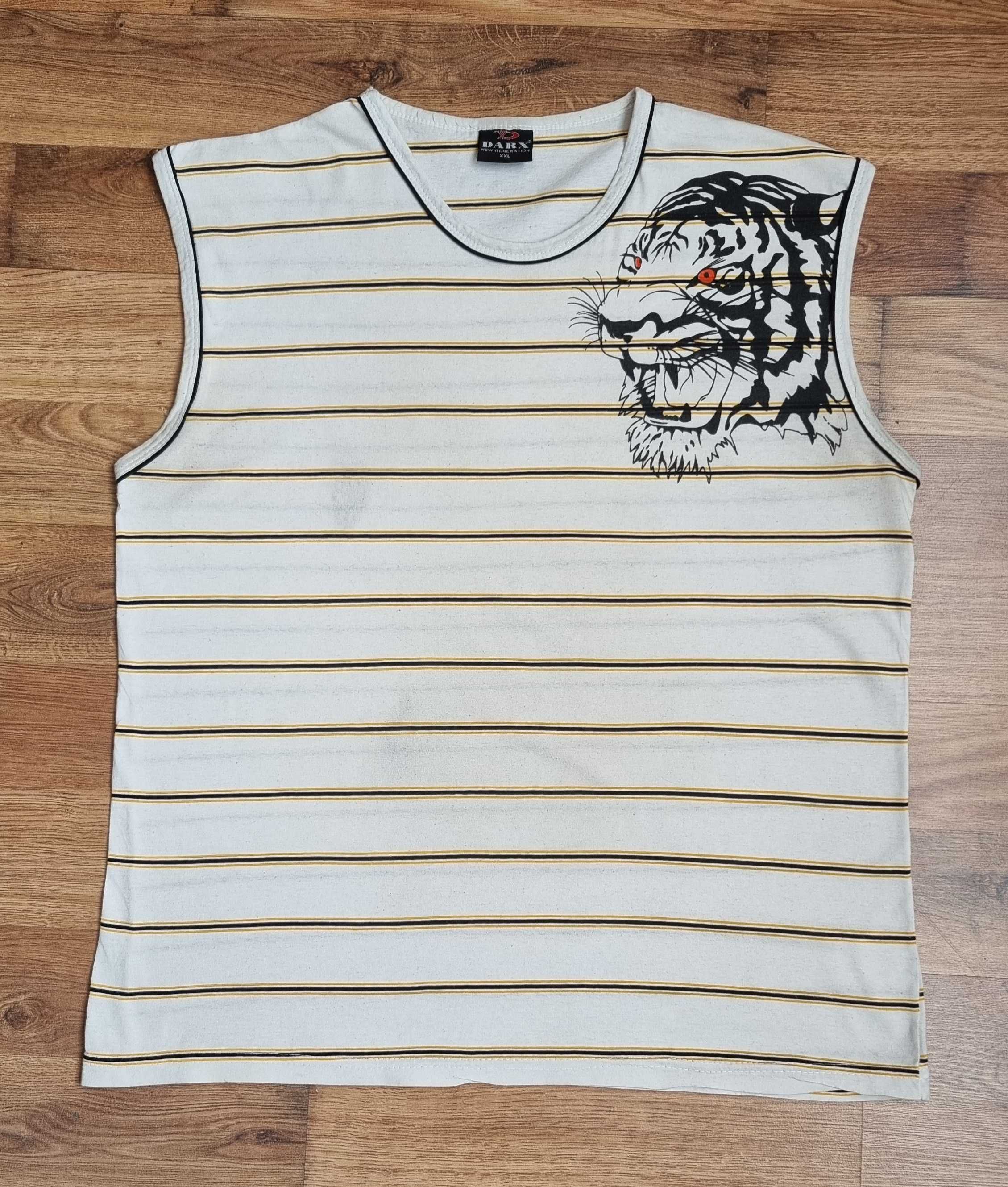 Biała męska KOSZULKA bez RĘKAWÓW TANK TOP TIGER tygrys paski DARX XXL.