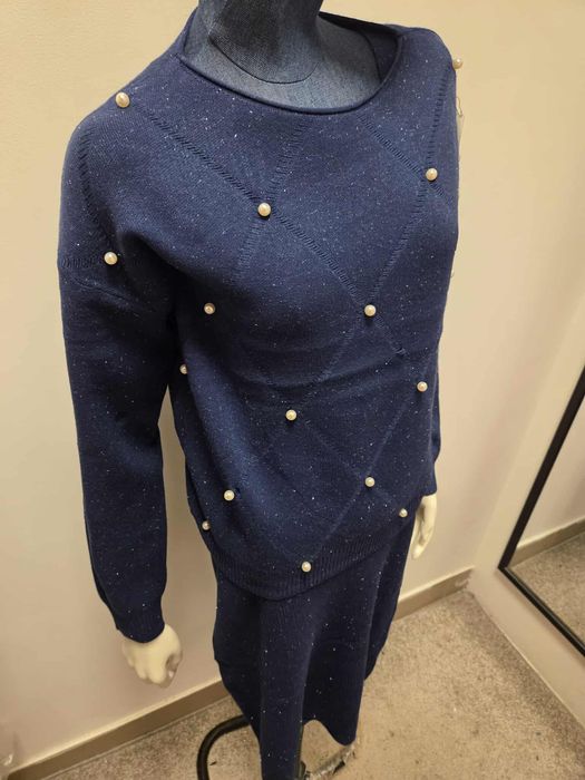 Damski Komplet Swetrowy Sukienka + Sweter Granatowy   S M