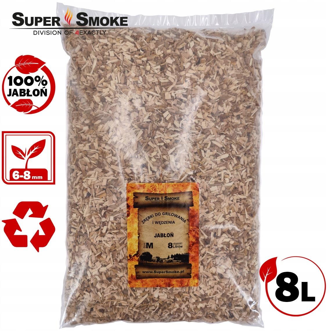 Zrębki Wędzarnicze Super Smoke JABŁOŃ KL-08 (6-8mm) Medium 8 Litrów