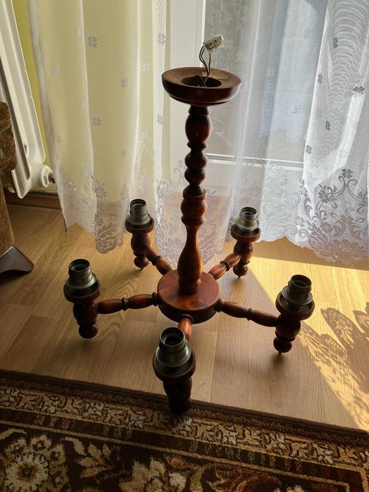 Lampa sufitowa, pokojowa, żyrandol pięcioramienny, drewniany PRL