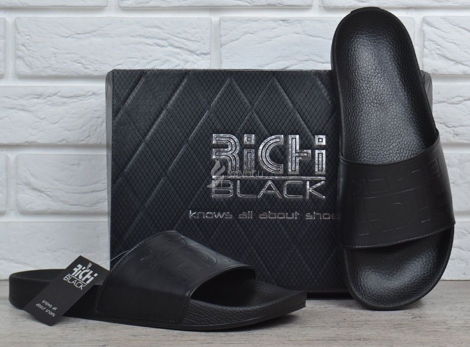 Мужские кожаные шлепанцы Richi Black Ричи Блек черные шлепки 40-45р