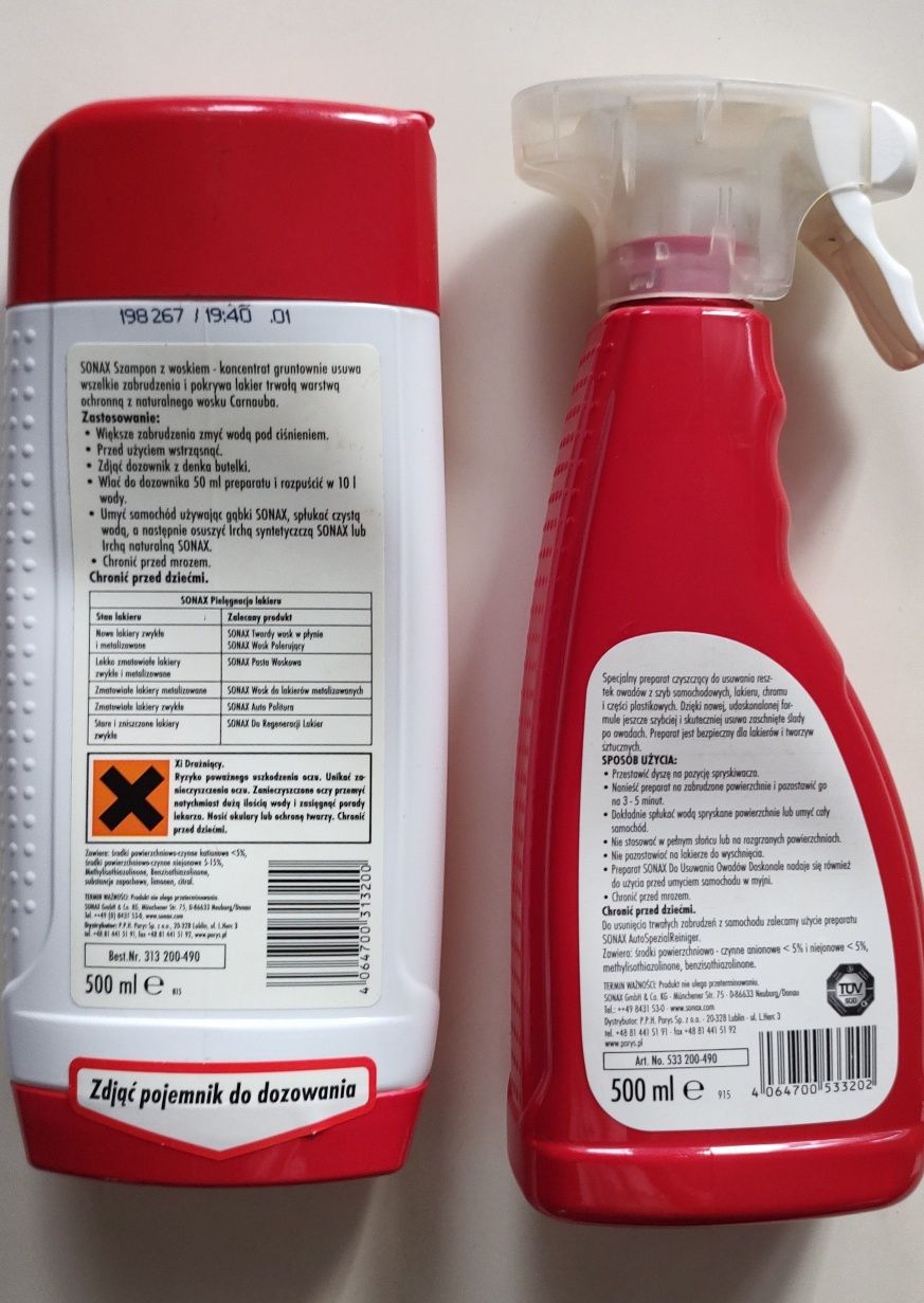Zestaw SONAX szampon z woskiem koncentrat, płyn do usuwania owadów