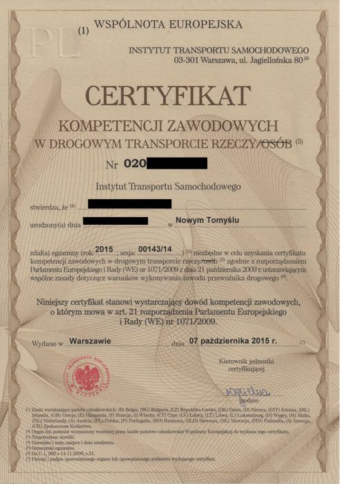 Certyfikat Kompetencji Zawodowych użyczę, licencja spedycja, pośrednic