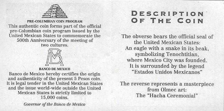 Moedas - - - México - - - "Hacha Ceremonial - Olmeca"