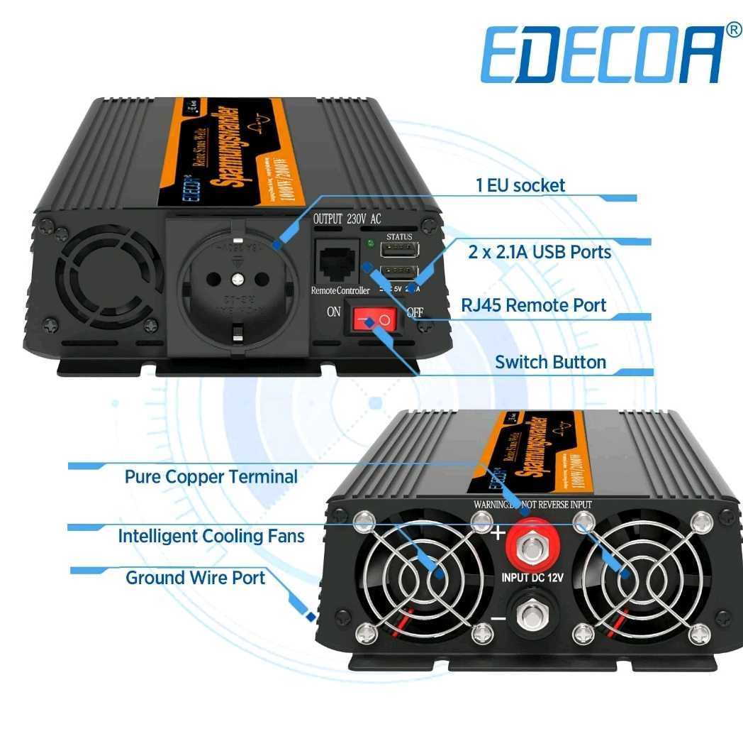 Інвертор Edecoa 12v 220v 1000w/2000w чистий сінус v3.0