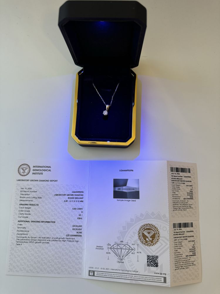 Zawieszka/wisiorek 585 z diamentem 0,5 ct VS1 D, z certyfikatem IGI