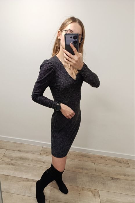 Sukienka damska mini szara brokatowa sylwestrowa Reserved S