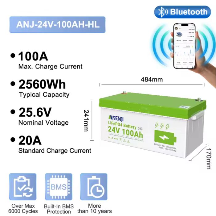ANENJI 24V 100A ​​LiFePO4 Bluetooth