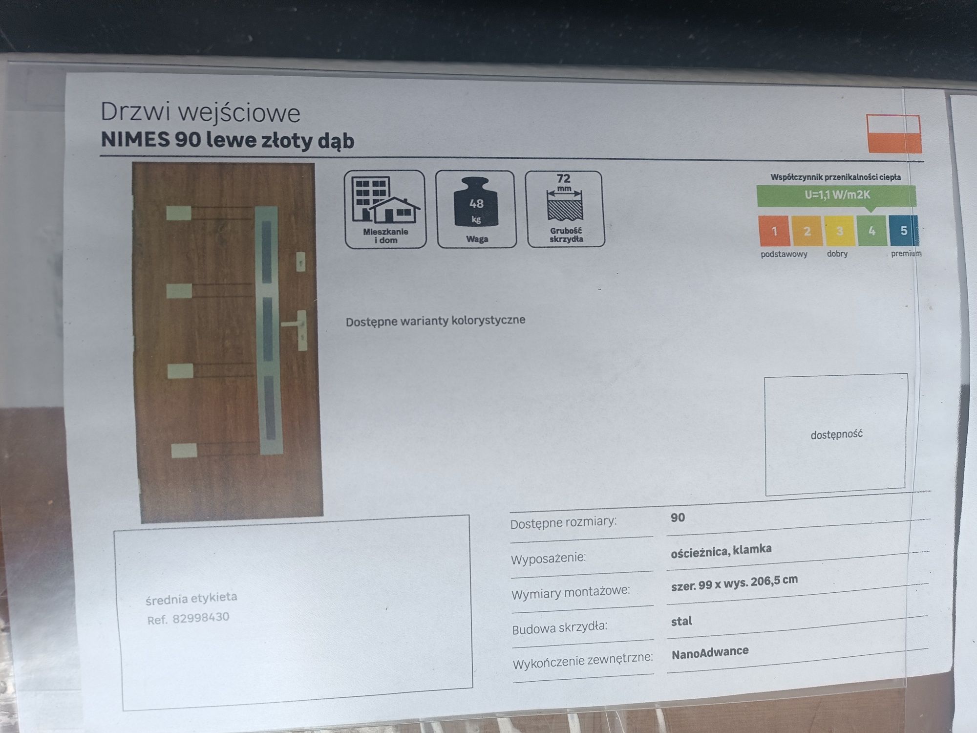 Drzwi NIMES 90 lewę złoty dąb