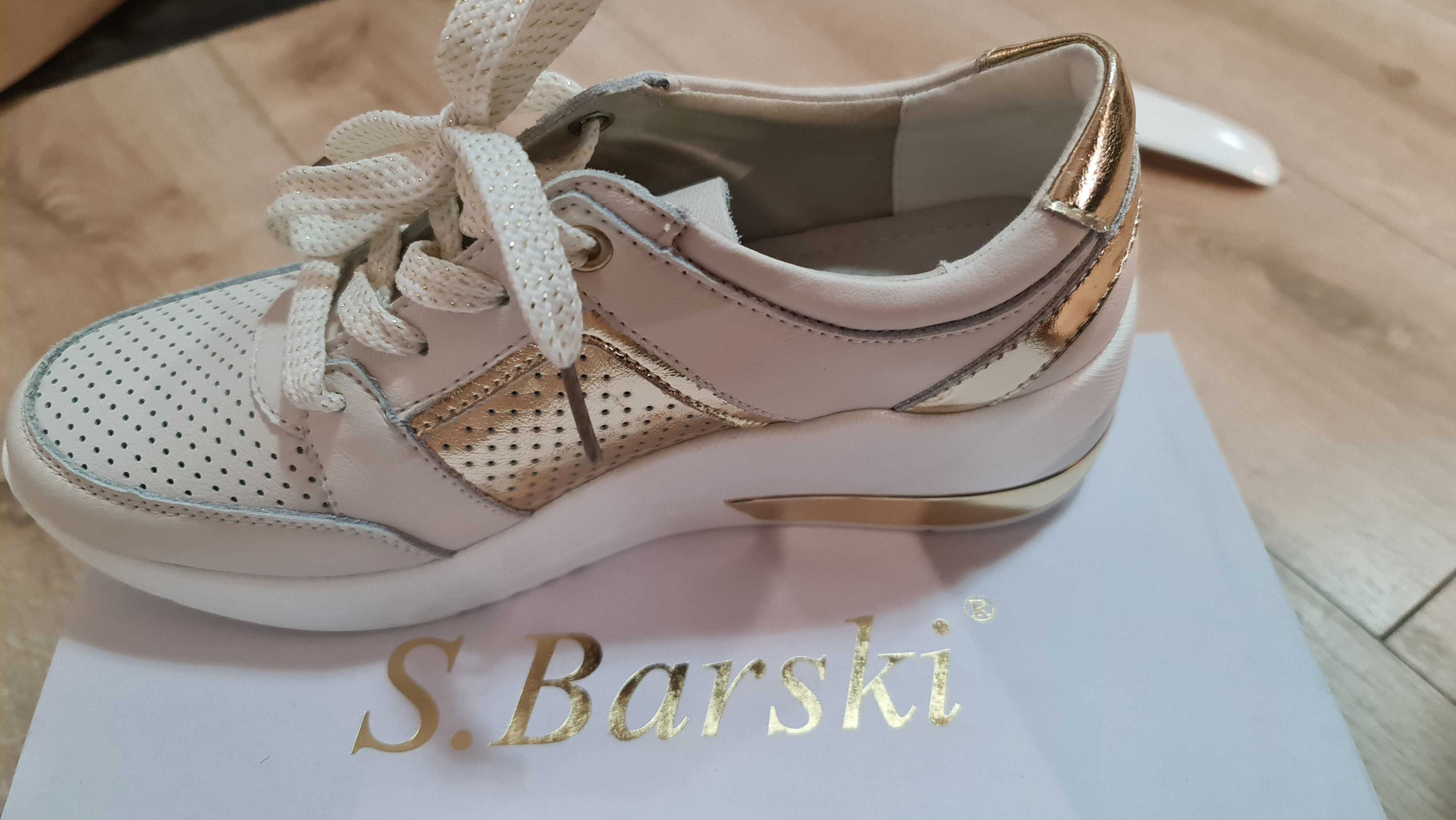 Nowe buty skórzane skóra naturalna S.Barski beżowo złote 37