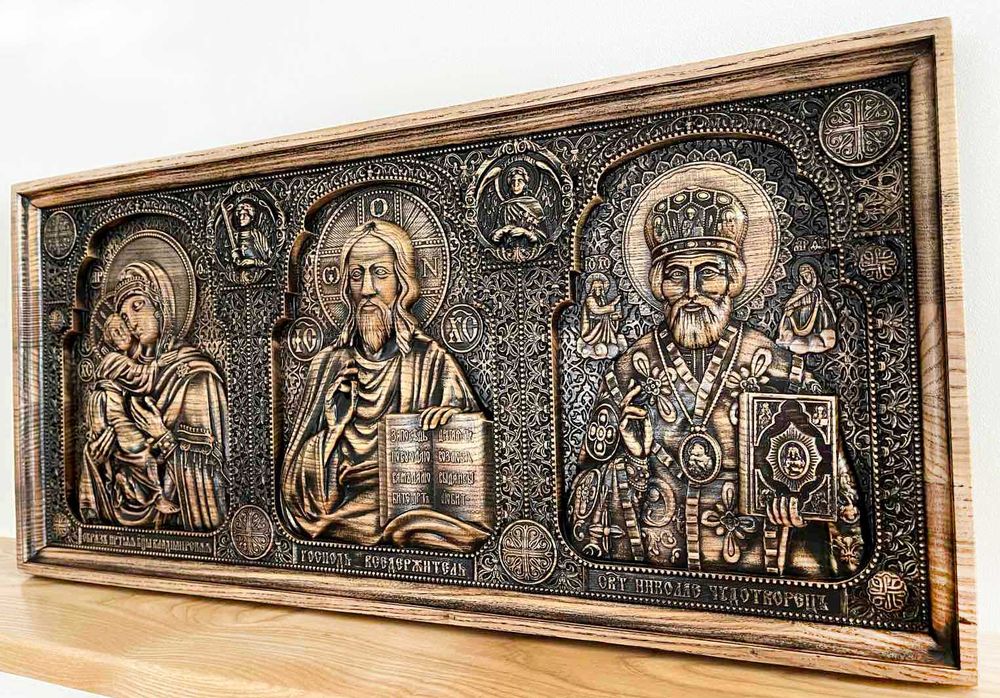 Ікона з дерева трійник Спаситель, Пр.Богородиця та Св.Микола 60х28 см
