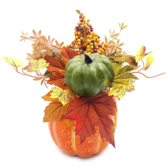 Stroik jesienny sztuczna dynia z kwiatami duża jesienna dekoracja 30cm