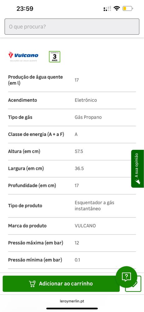 Esquentador a gás estanque VULCANO WTD 17-4 AME31 17L PROPANO