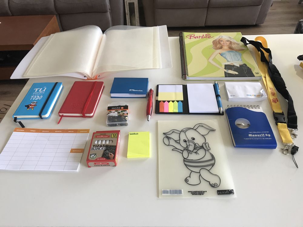 Cadernos, post-its, giz, canetas, agendas, fitas, pioneses, envelopes