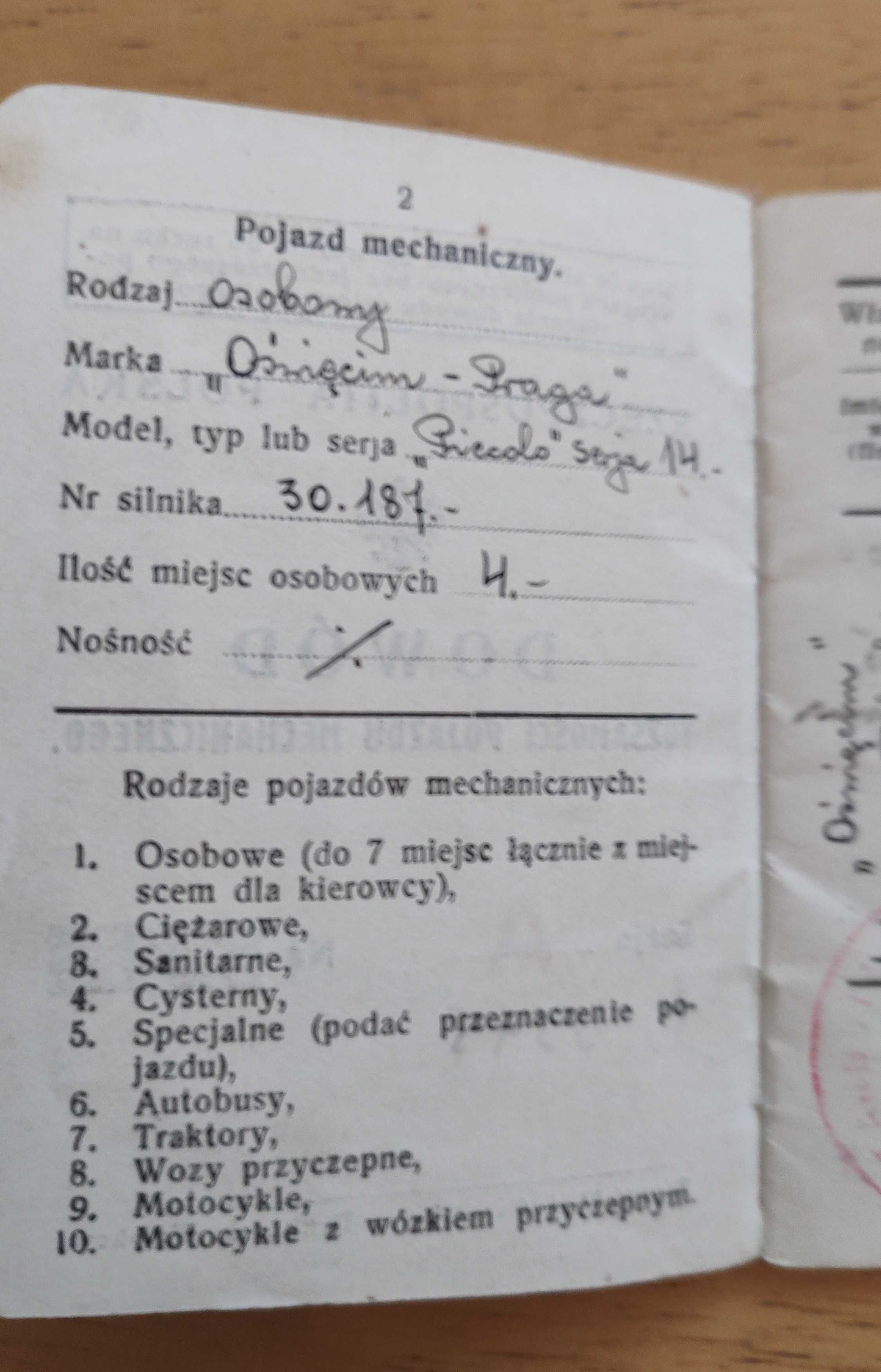 Samochód Praga Oświęcim dokumenty