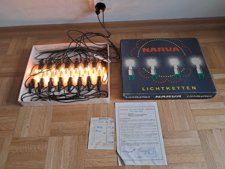 Lampki choinkowe NARVA świeczki, żabki, 16 szt, żółte vintage 1971