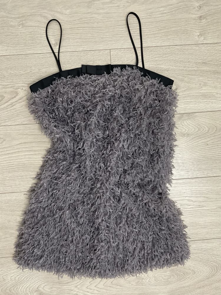 Zara sukienka mini z piór S fioletowa na ramiączkach idealny stan part