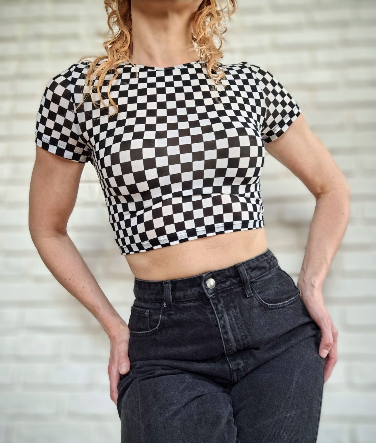 H&M Krótki Top siateczkowy w szachownicę Chessboard S