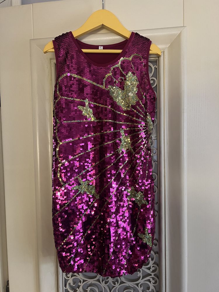Платье нарядное вечернее 9-10-11-12 лет розовое пайетки глиттер