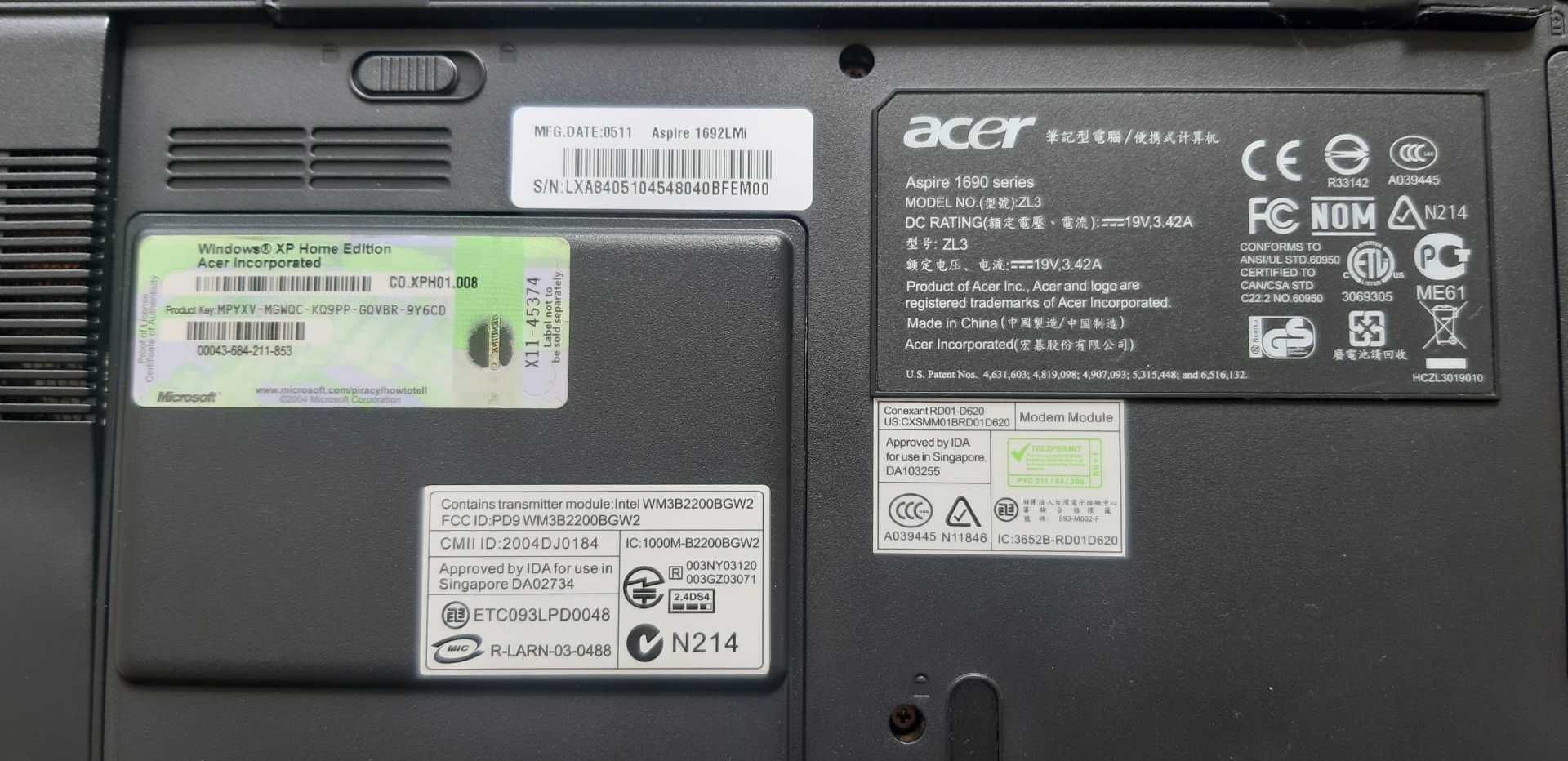 Computador Portátil ACER 1692 para peças.