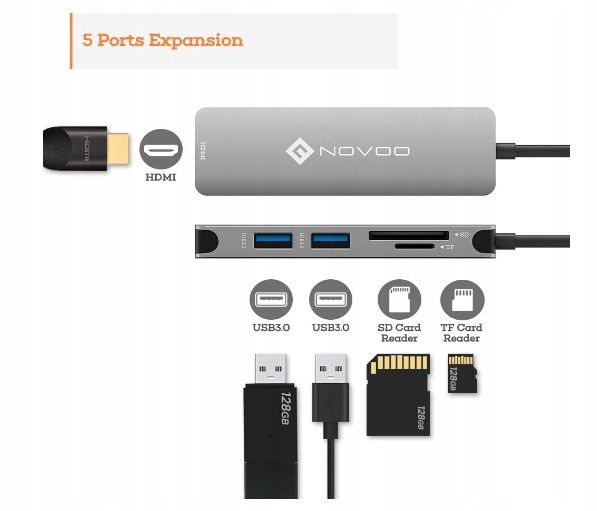 novoo hub 5w1 adapter usb-c 2x usb 3.0 hdmi sd/tf czarny 4k video