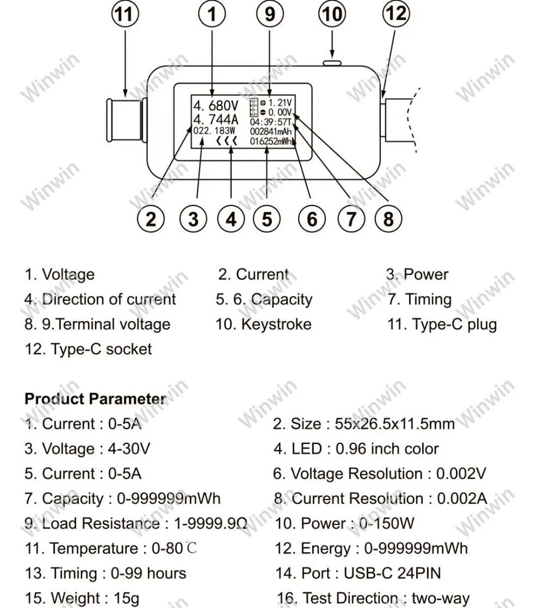 10 w 1 TYPE-C / Tester USB Woltomierz cyfrowy DC Amperimetro Miernik