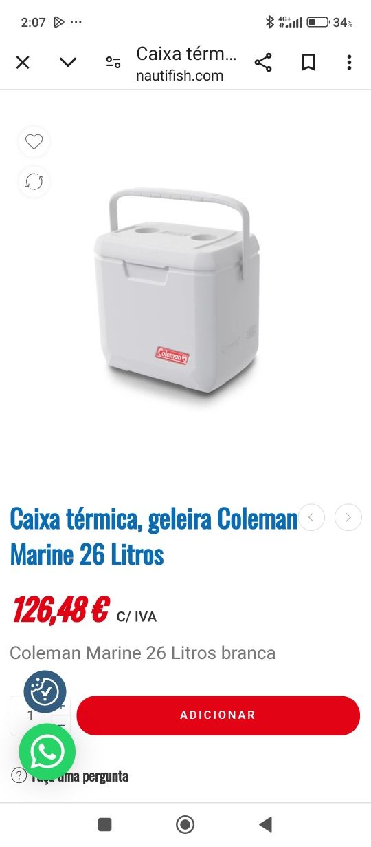 Geleira Coleman marine 26 LT. Com termo acumuladores. Custou + d 100e